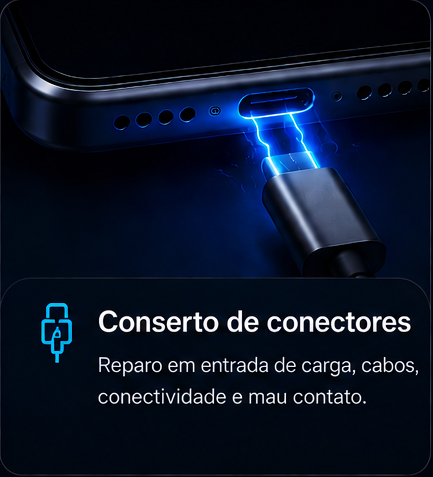 Conserto de conectores: reparo em entrada de carga, cabos, conectividade e mau contato.